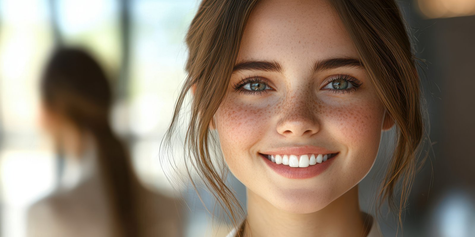 Young woman with freckles smiling in a bright indoor setting during a casual gathering in daylight